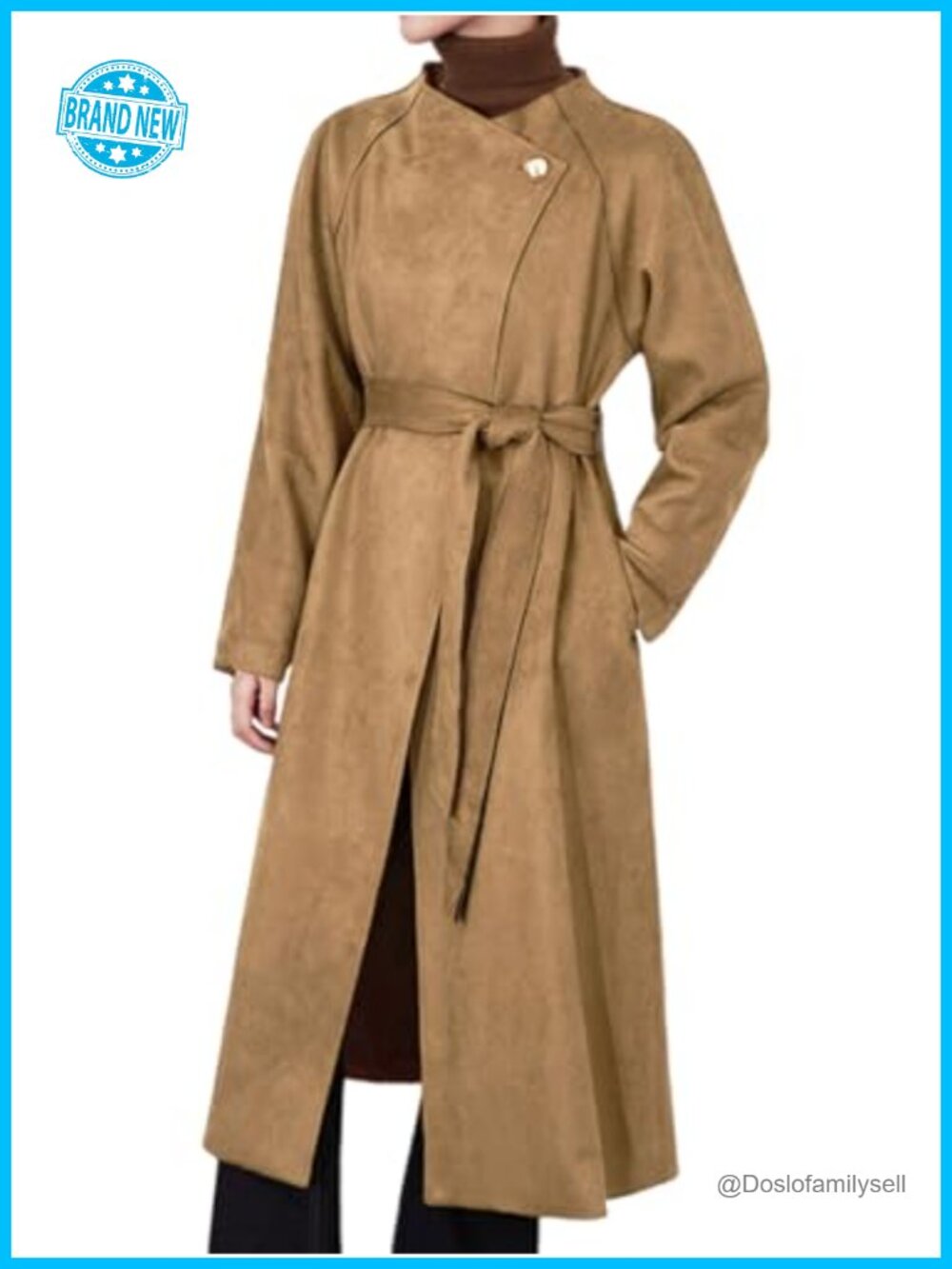 Faux Suede Long Trench Coat Open Front Belted Overcoat Fitted